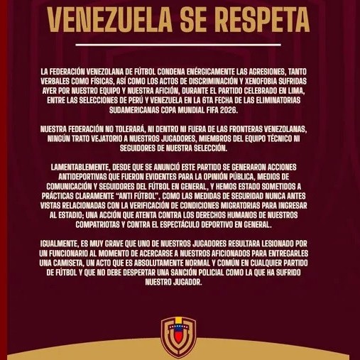 Diario Frontera, Frontera Digital,  Venezuela, Vinotinto, Perú, Xenofobia, FVF, Deportes, ,«Venezuela se respeta»: FVF condena trato de Perú hacia la Vinotinto