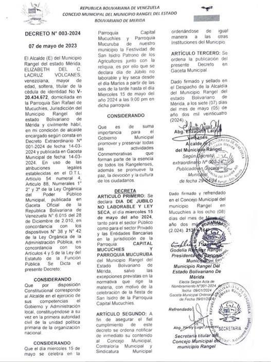 Diario Frontera, Frontera Digital,  Páramo, ,Alcaldía de Rangel decreta día de júbilo no laborable
y Ley Seca por celebración de San Isidro