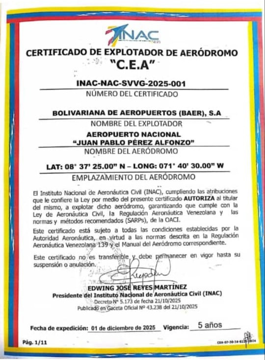 Diario Frontera, Frontera Digital,  El Vigía Panamericana, ,Este reconocimiento técnico garantiza que las operaciones en el aeropuerto se desarrollan bajo condiciones seguras, eficientes y conforme a los protocolos internacionales vigentes,Aeropuerto “Juan Pablo Pérez Alfonzo” de El Vigía 
recibe certificación oficial como explotador de aeródromo