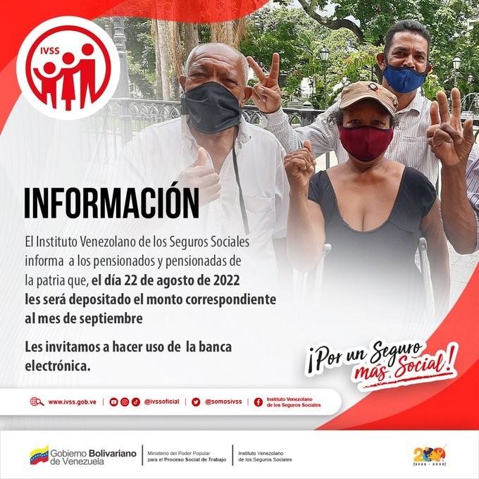 Diario Frontera, Frontera Digital,  PAGO PENSIÓN IVSS, Nacionales, ,IVSS anuncia el pago de la pensión de septiembre para el lunes #22Ago
