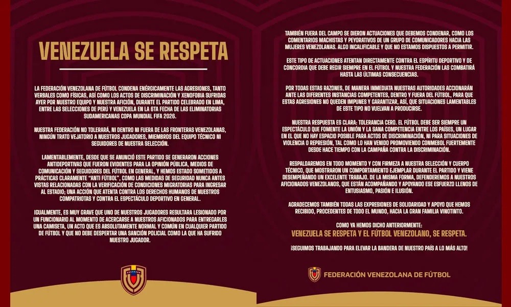 Diario Frontera, Frontera Digital,  Venezuela, Vinotinto, Perú, Xenofobia, FVF, Deportes, ,«Venezuela se respeta»: FVF condena trato de Perú hacia la Vinotinto