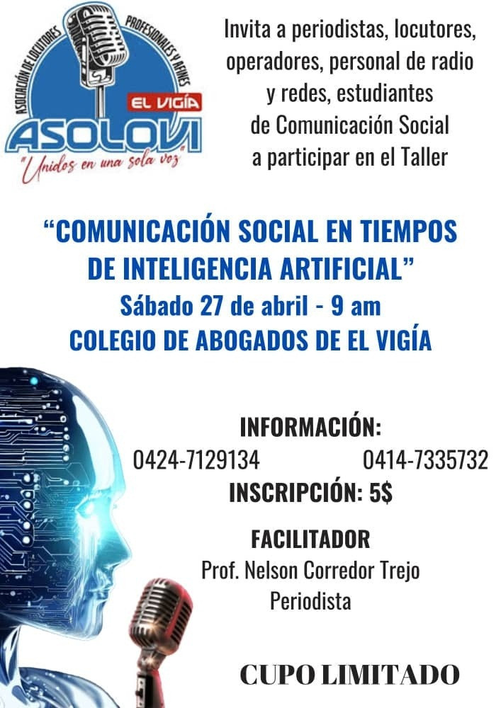 Diario Frontera, Frontera Digital,  El Vigía Panamericana, ,Asolovi invita al taller “Comunicación Social en tiempo de Inteligencia Artificial” en El Vigía