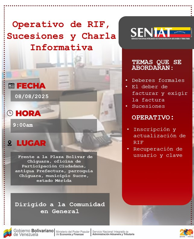 Diario Frontera, Frontera Digital,  Regionales, ,Seniat Mérida realizará operativo de RIF, Sucesiones 
y charla Informativa en Chiguará