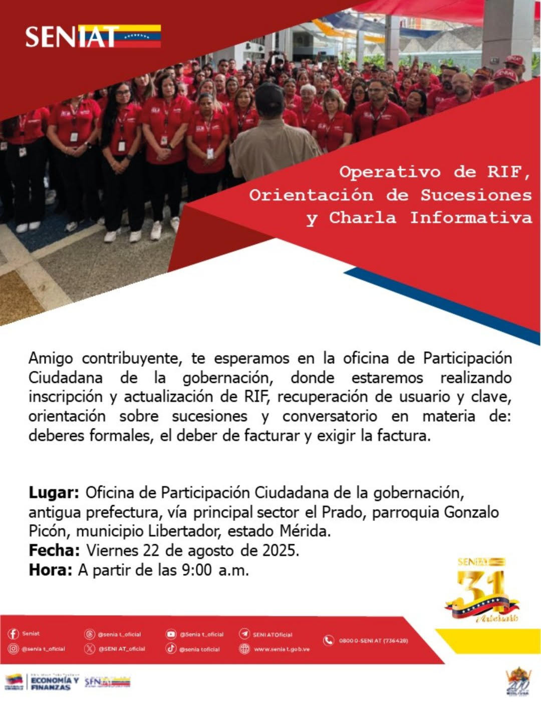 Diario Frontera, Frontera Digital,  Regionales, ,SENIAT realizará operativo integral de RIF y orientación tributaria en la parroquia Gonzalo Picón de Mérida