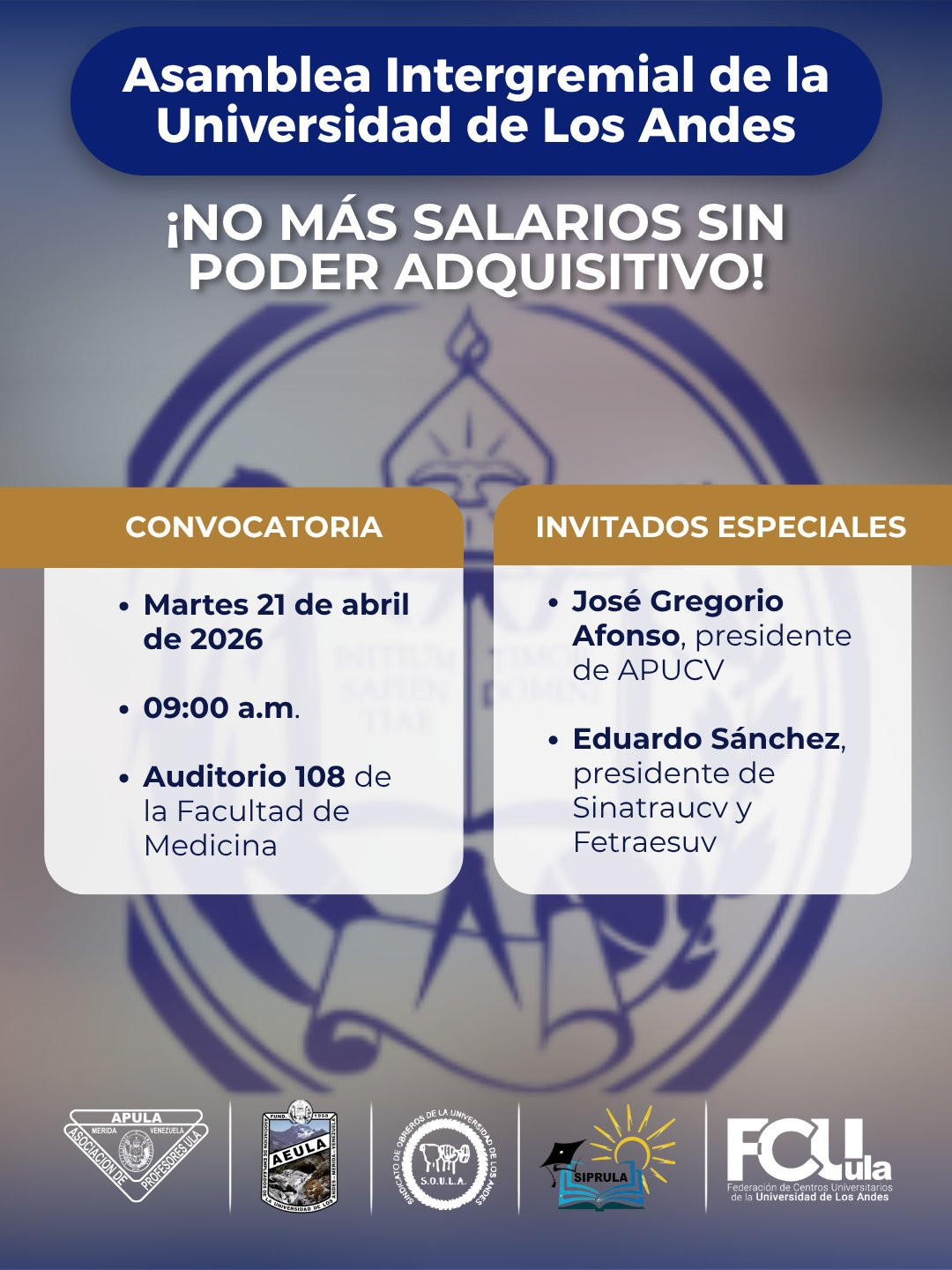 Diario Frontera, Frontera Digital,  Regionales, ,La actividad tiene como propósito visibilizar la crítica situación que enfrentan los trabajadores universitarios en el país, marcada por salarios sin poder adquisitivo, deterioro de las condiciones laborales y limitaciones en el ejercicio pleno de la profesión,Este martes la Asamblea Intergremial de la ULA 
convoca a debatir la crisis salarial