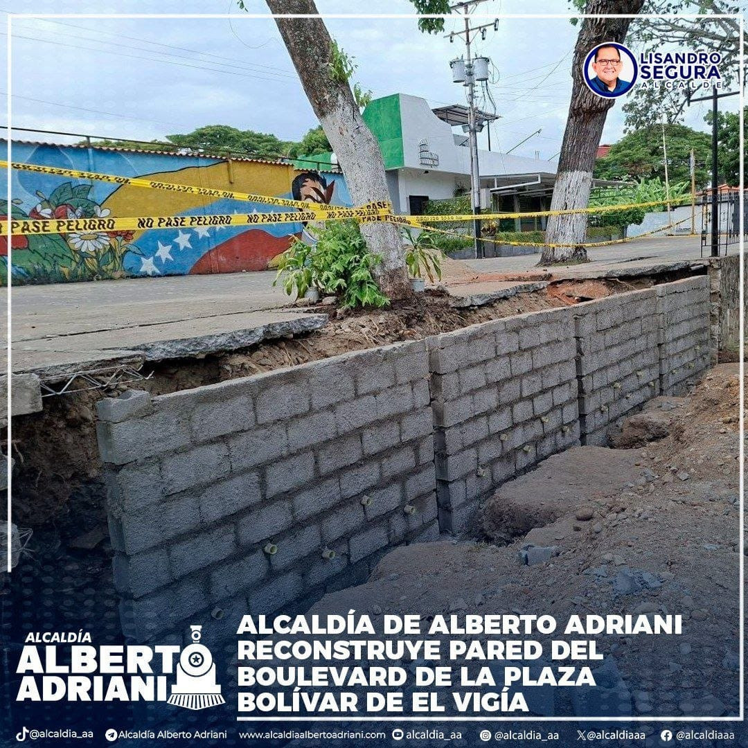 Diario Frontera, Frontera Digital,  El Vigía Panamericana, ,El jefe de la Oficina de Obras Públicas, Julio Uzcátegui, explicó que las precipitaciones provocaron filtraciones de agua que ocasionaron una fractura en la base de la pared, comprometiendo su estabilidad y generando un riesgo de colapso,Alcaldía de Alberto Adriani reconstruye pared del Boulevard de la Plaza Bolívar tras daños por lluvias